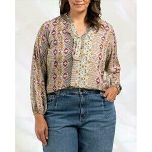 "Sunny Lee" (SLB) Multi-Color Ruffle Collar Front Button Blouse Plus Size 1X NWT
